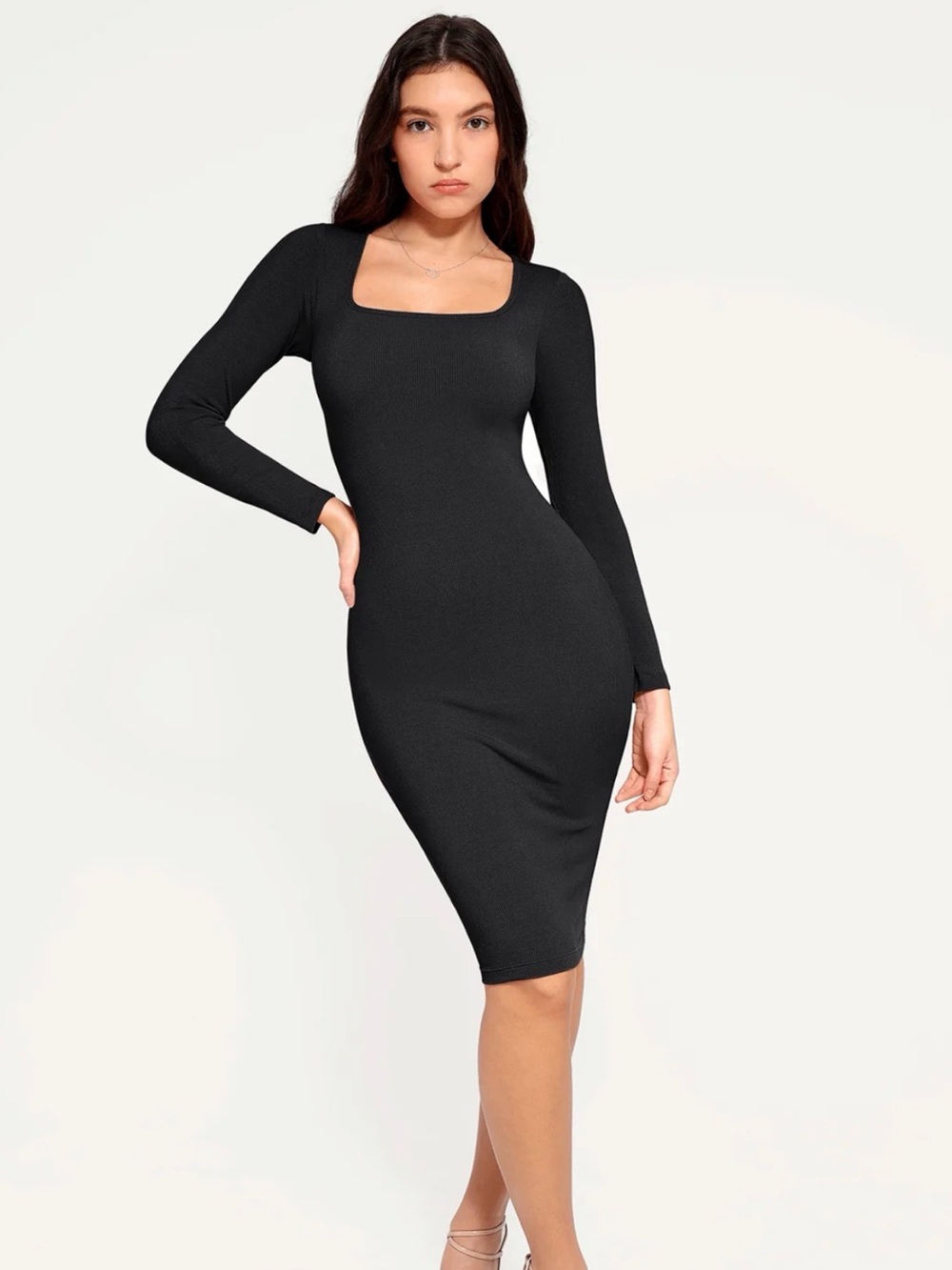 Popilush Long Sleeve Midi Dress for Women, Built-in Bra Shapewear, Tummy Control